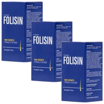 Paquete de 3 botellas de Folisin para tratamiento capilar prolongado en hombres.