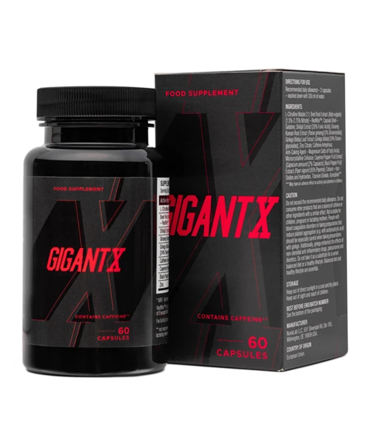 Envase de GigantX, suplemento para mejorar el rendimiento masculino.