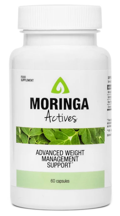 Frasco de Moringa Actives con extracto de Moringa oleifera.