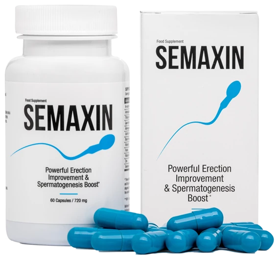 Envase de Semaxin, suplemento premium para la fertilidad y potencia masculina.