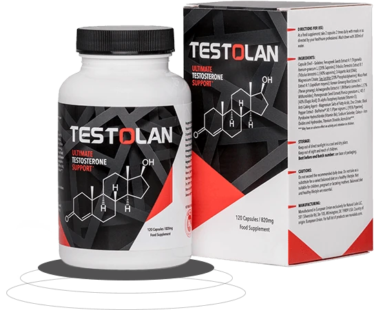Envase premium de Testolan: suplemento para testosterona masculina.